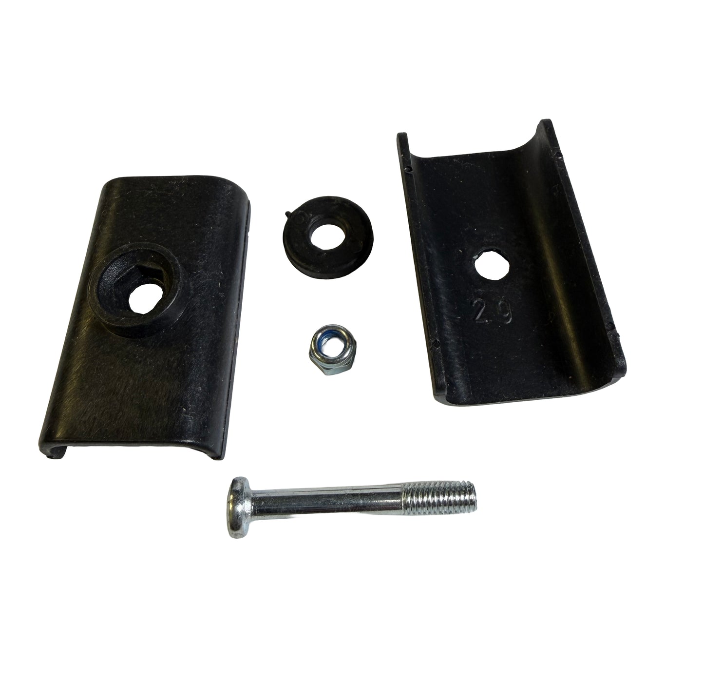 A black metal bracket kit with two matching curved mounting brackets, a flat washer, a hex nut, and a threaded bolt with a flat head, arranged on a plain white background.