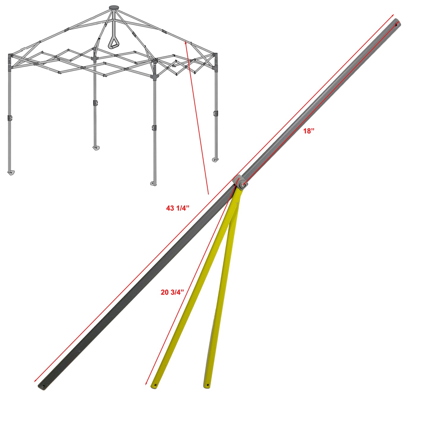 Replacement lower truss bar for CORE 10x10 center push canopy shown with measurement diagram and support truss on white background