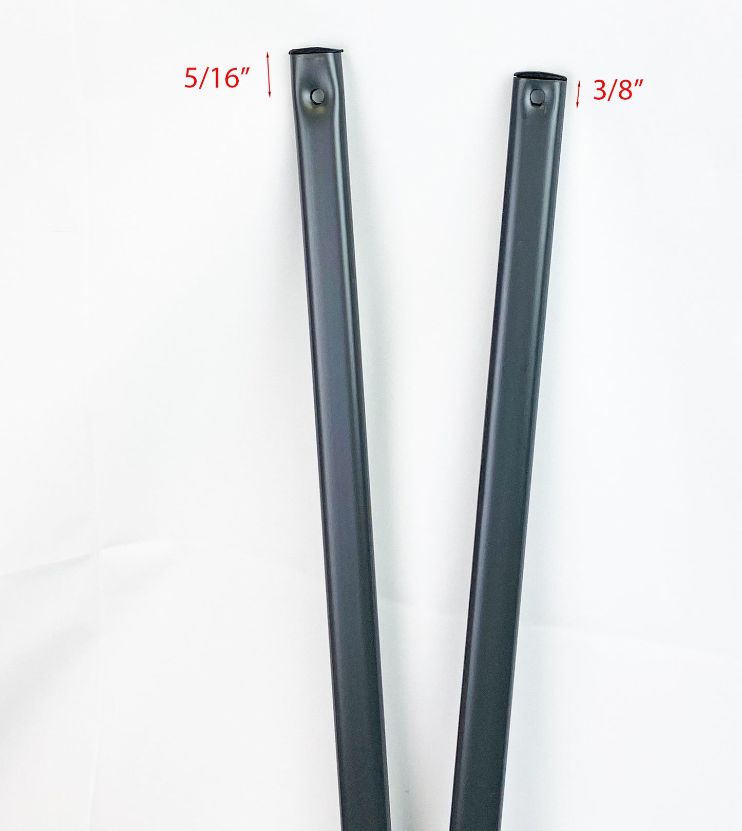 Two truss bars for a canopy with arrows indicating the measurements from the edge to the center of the holes, labeled 5/16" on one and 3/8" on the other.