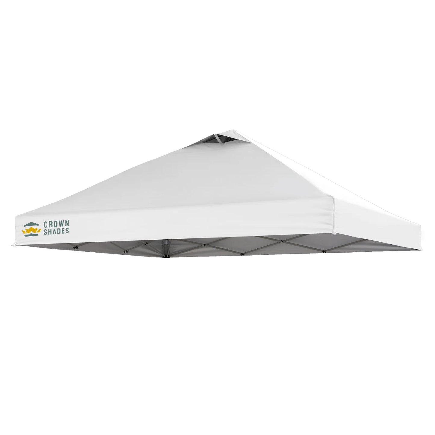 White replacement canopy top for CROWN SHADES 10x10 pop-up tent, shown installed on frame with CROWN SHADES logo on corner.