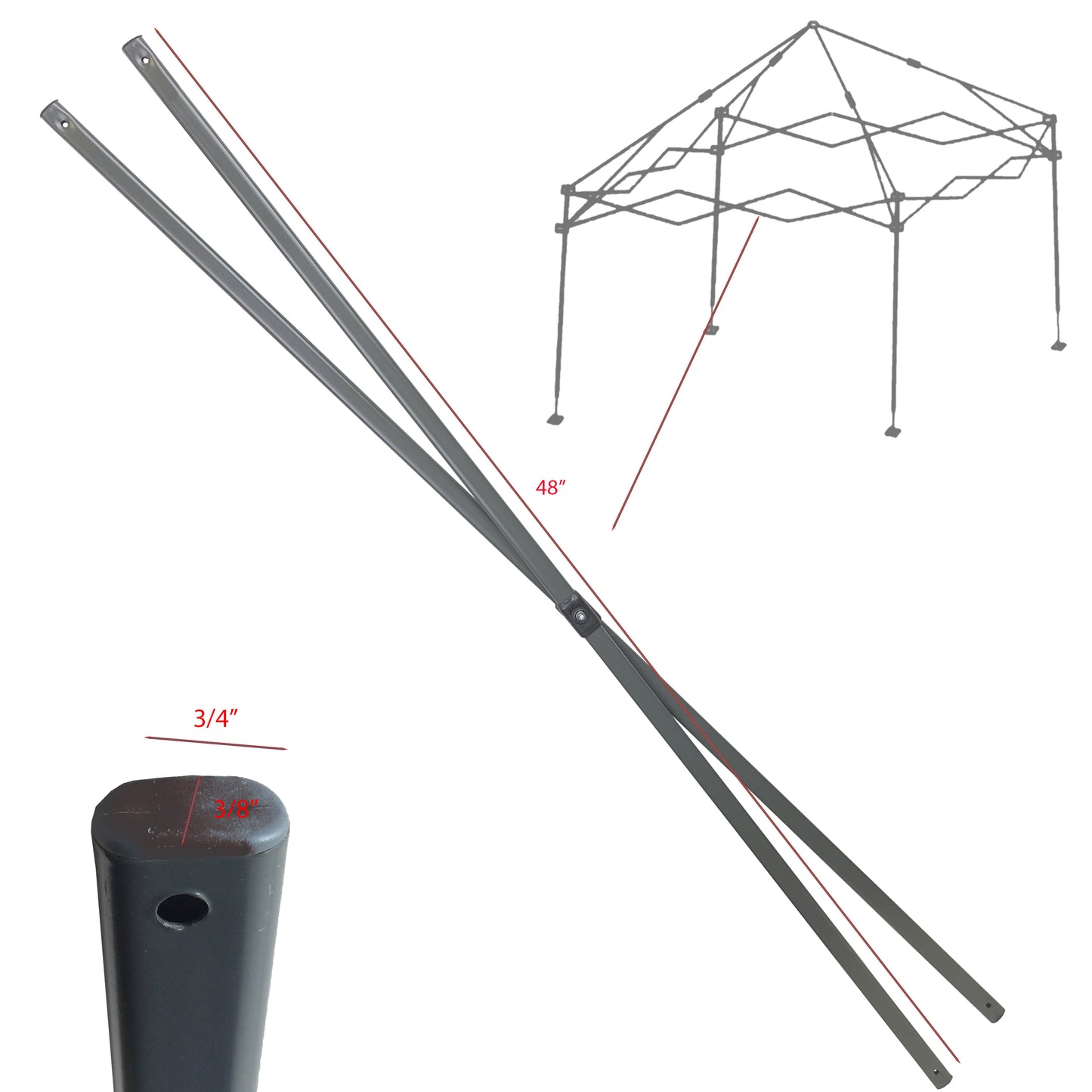 Middle truss bar for Ozark Trail 12' x 12' Canopy with a length of 48 inches and hole diameters marked at 3/4" and 3/8", displayed diagonally across the image, with a schematic diagram of the canopy frame in the background for context.