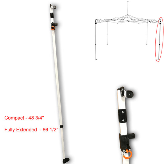 This photo displays a white Adjustable Leg with Slider, which serves as Canopy Replacement Parts for the Caravan Canopy Sports 10 x 10 M-Series 2 Pro. These legs have specific dimensions: when compact, they measure 48 3/4 inches, and when fully extended, they reach a length of 86 1/2 inches. Additionally, the upper part of these legs features a square cross-section measuring 1" x 1". These adjustable legs with sliders are essential for customizing the height and stability of your canopy, providing 