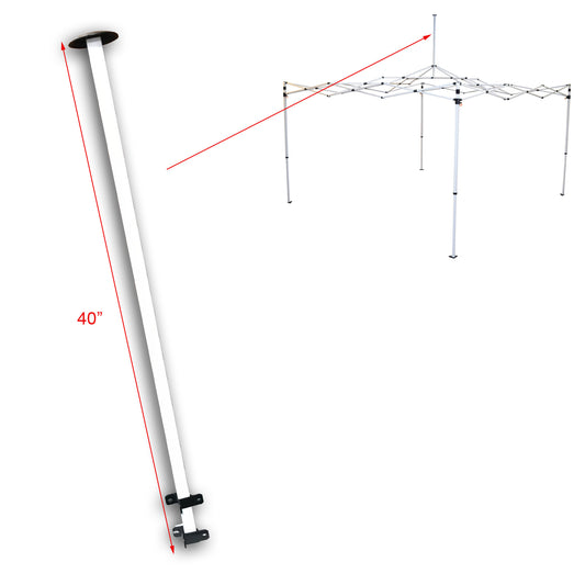 This photo features a white Upper Peak Pole with HUB, serving as Canopy Replacement Parts for the Caravan Canopy Sports 10 x 10 M-Series 2 Pro. The dimensions of this pole are 40" in length, with a cross-section measuring 3/4" x 3/4". These replacement parts are essential for maintaining the structural integrity and stability of your canopy, ensuring a secure and reliable shelter for various outdoor activities