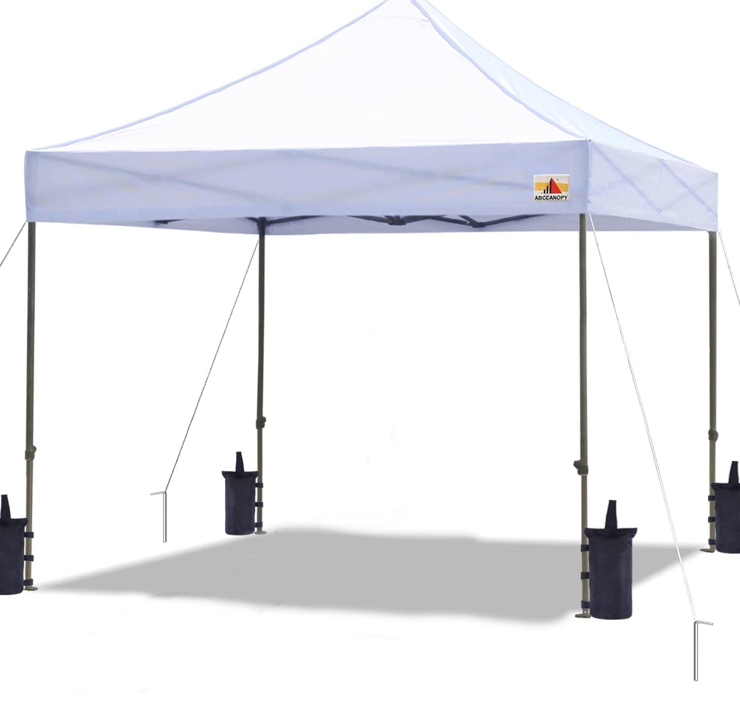 ABCCANOPY Model S1 Commercial-Series canopy with a dark gray frame and a white canopy top. The canopy is supported by four legs equipped with sand-fillable weights.