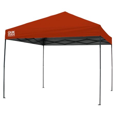 This photo showcases the Quik Shade Expedition 10' x 10' Straight Leg Instant Canopy with a vibrant red top. The canopy is designed for quick and easy setup, providing shade and shelter for various outdoor activities and events. 