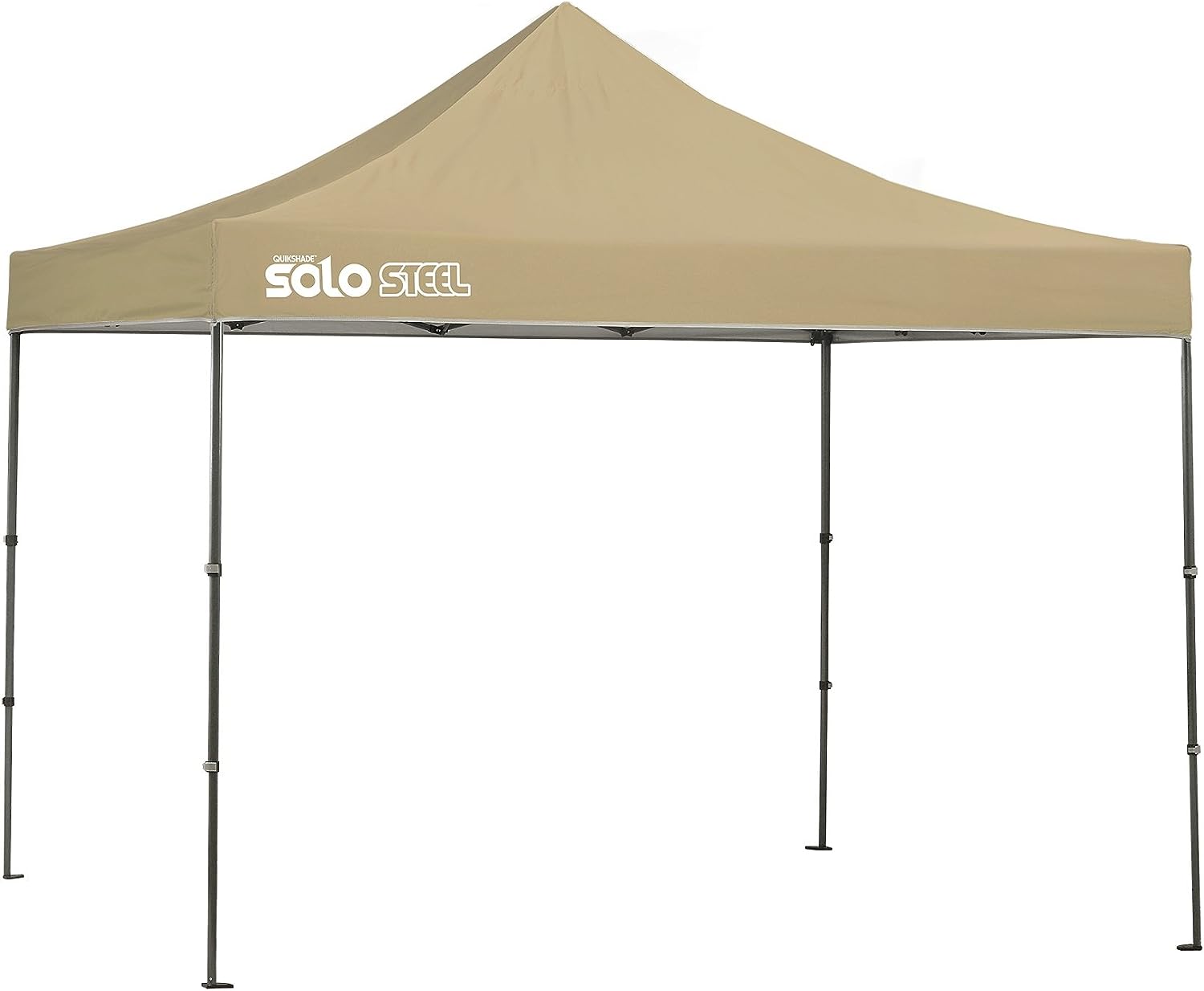  The photo showcases a Quik Shade Solo Steel 100 with a 10' x 10' khaki top, providing quick, reliable shelter for outdoor activities.