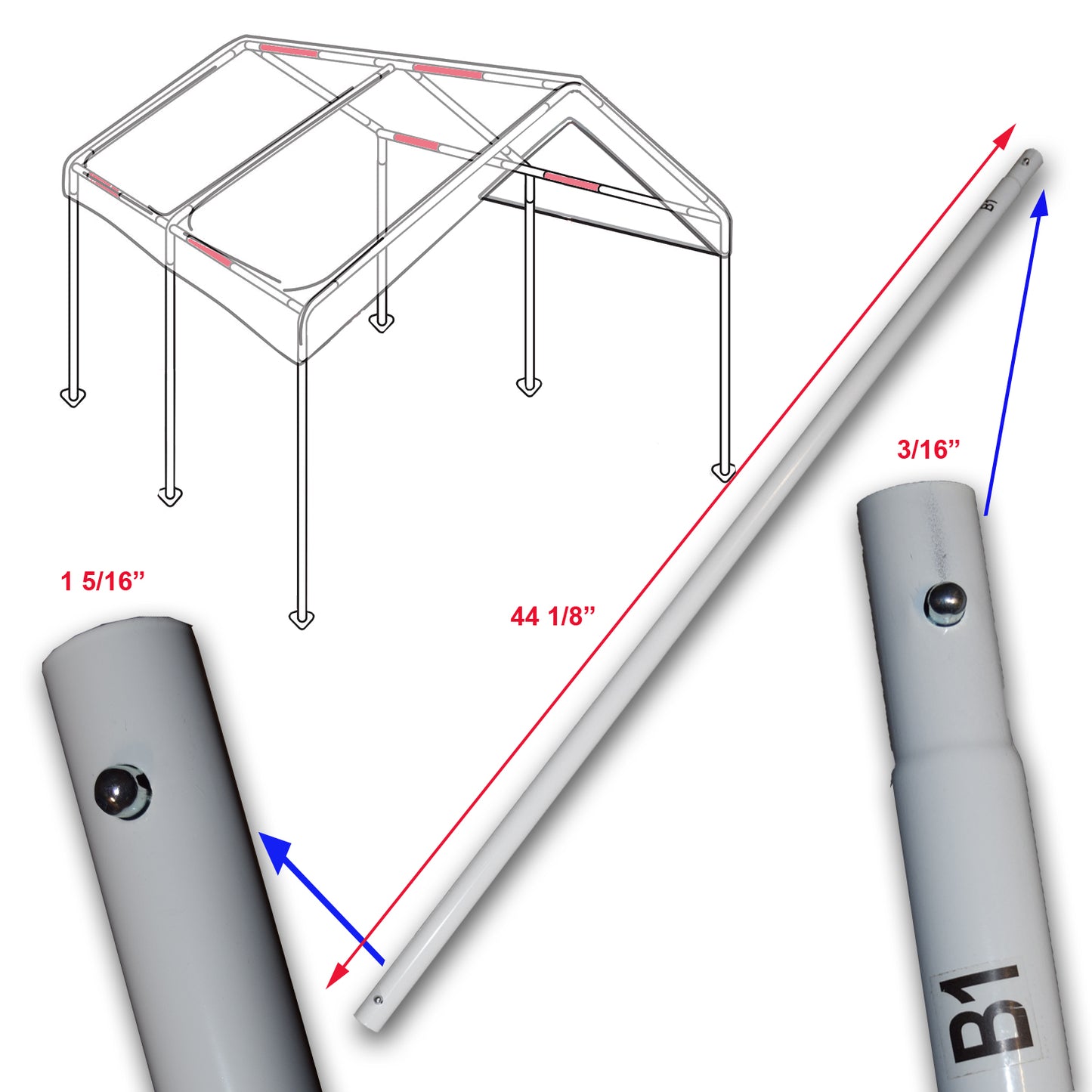 Cross Brace Pole 44 1/8" for 10' X 15' Caravan Canopy Domain Carport Garage Parts B1