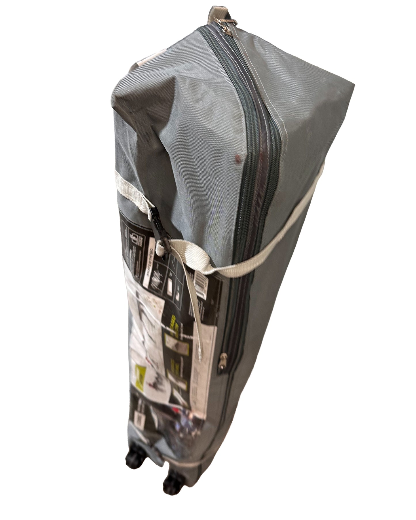 Side view of replacement wheeled carry bag for CORE 10x10 center push canopy, gray rolling storage bag with zipper and wheels