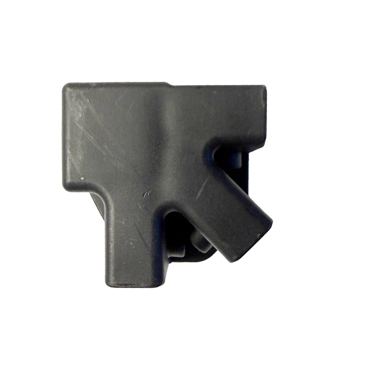 A black plastic hardware component or clip, shown from a top-down perspective on a solid white background.