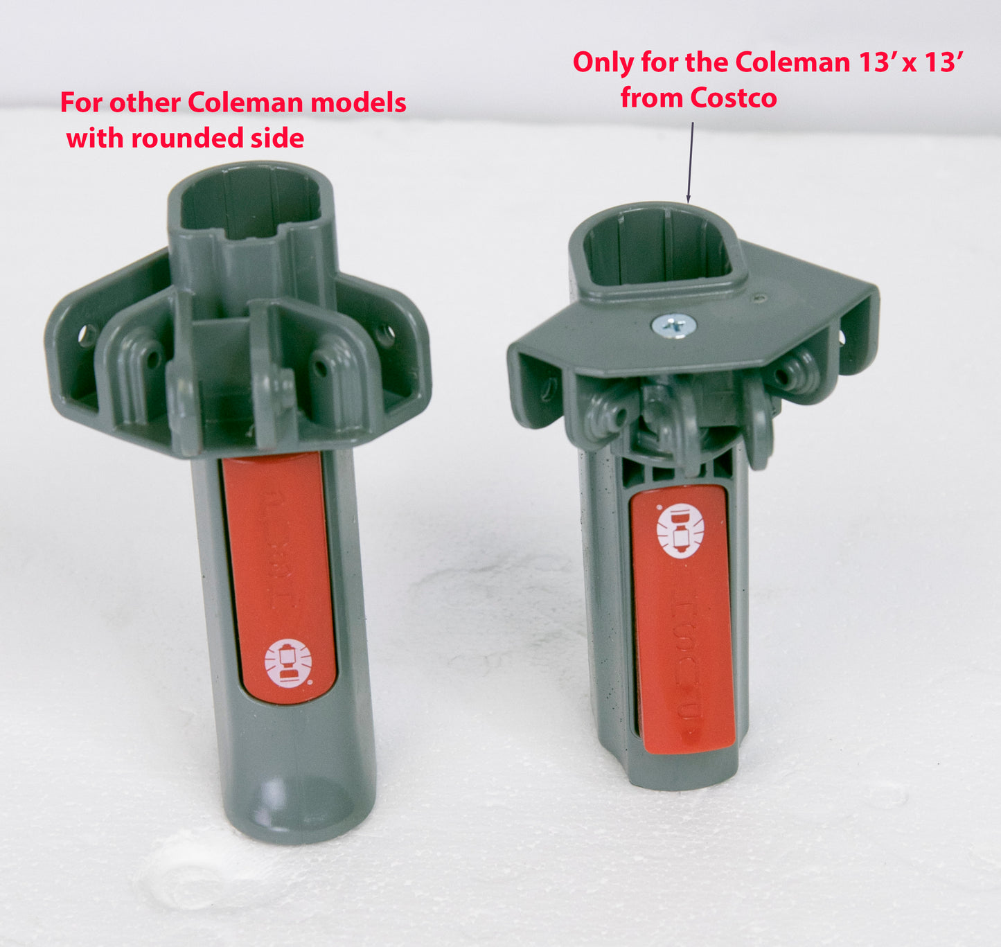 Comparison of two Coleman leg slider versions — standard rounded model and Costco 13x13 flat-top model