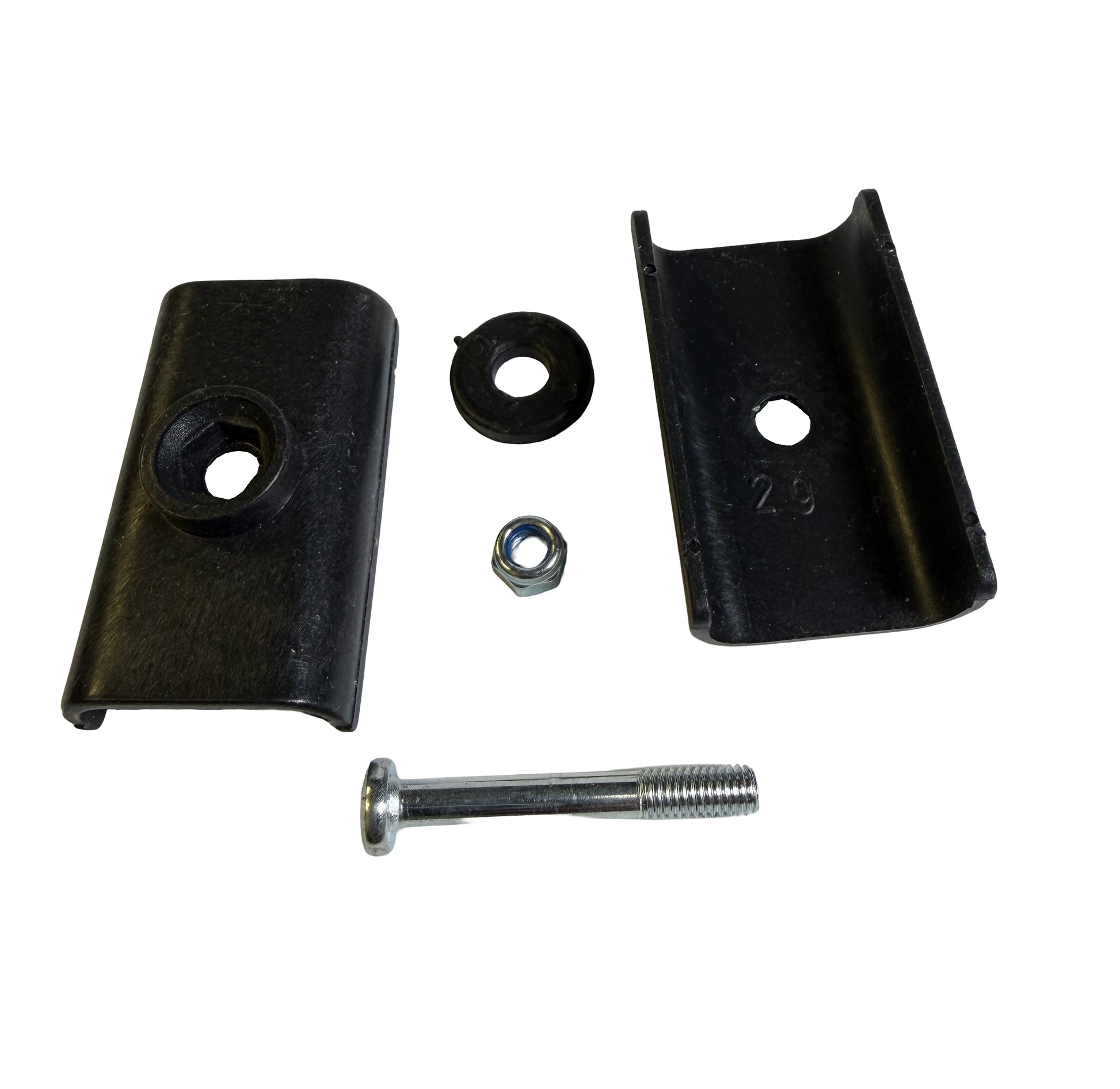 A black metal bracket kit with two matching curved mounting brackets, a flat washer, a hex nut, and a threaded bolt with a flat head, arranged on a plain white background.