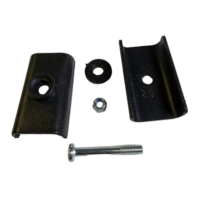 A black metal bracket kit with two matching curved mounting brackets, a flat washer, a hex nut, and a threaded bolt with a flat head, arranged on a plain white background.