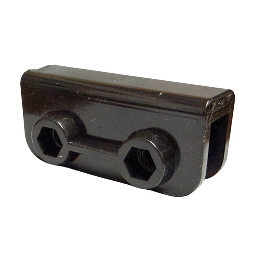 Black replacement truss bar end connector for Coleman canopy gazebos, with two hexagonal bolt recesses.
