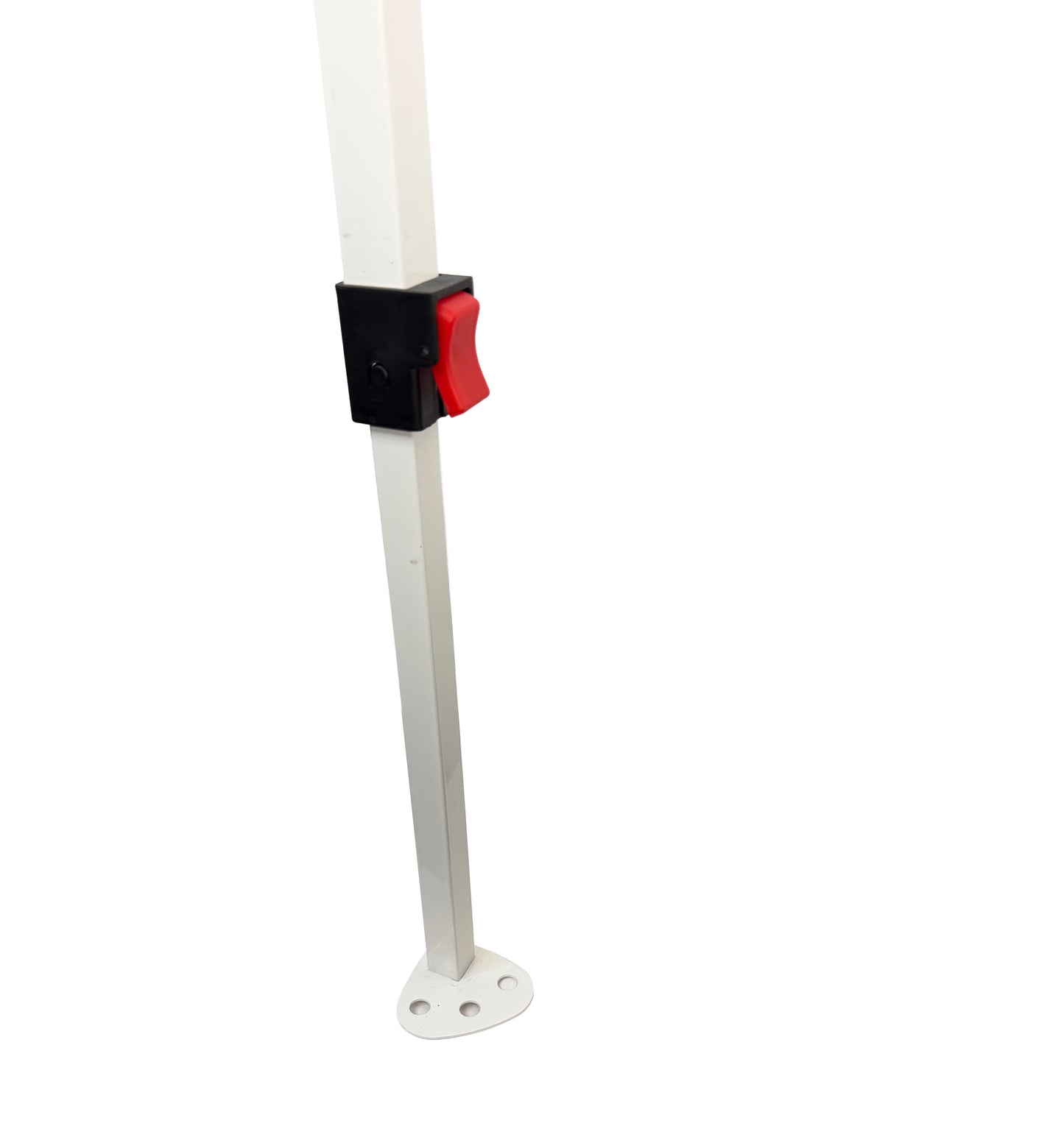 Close-up view of the adjustable section of a white COBIZI canopy replacement leg showing the red push-button height adjustment lock and lower foot plate.
