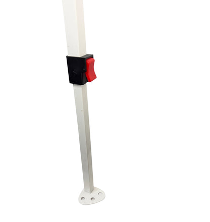 Close-up view of the adjustable section of a white COBIZI canopy replacement leg showing the red push-button height adjustment lock and lower foot plate.