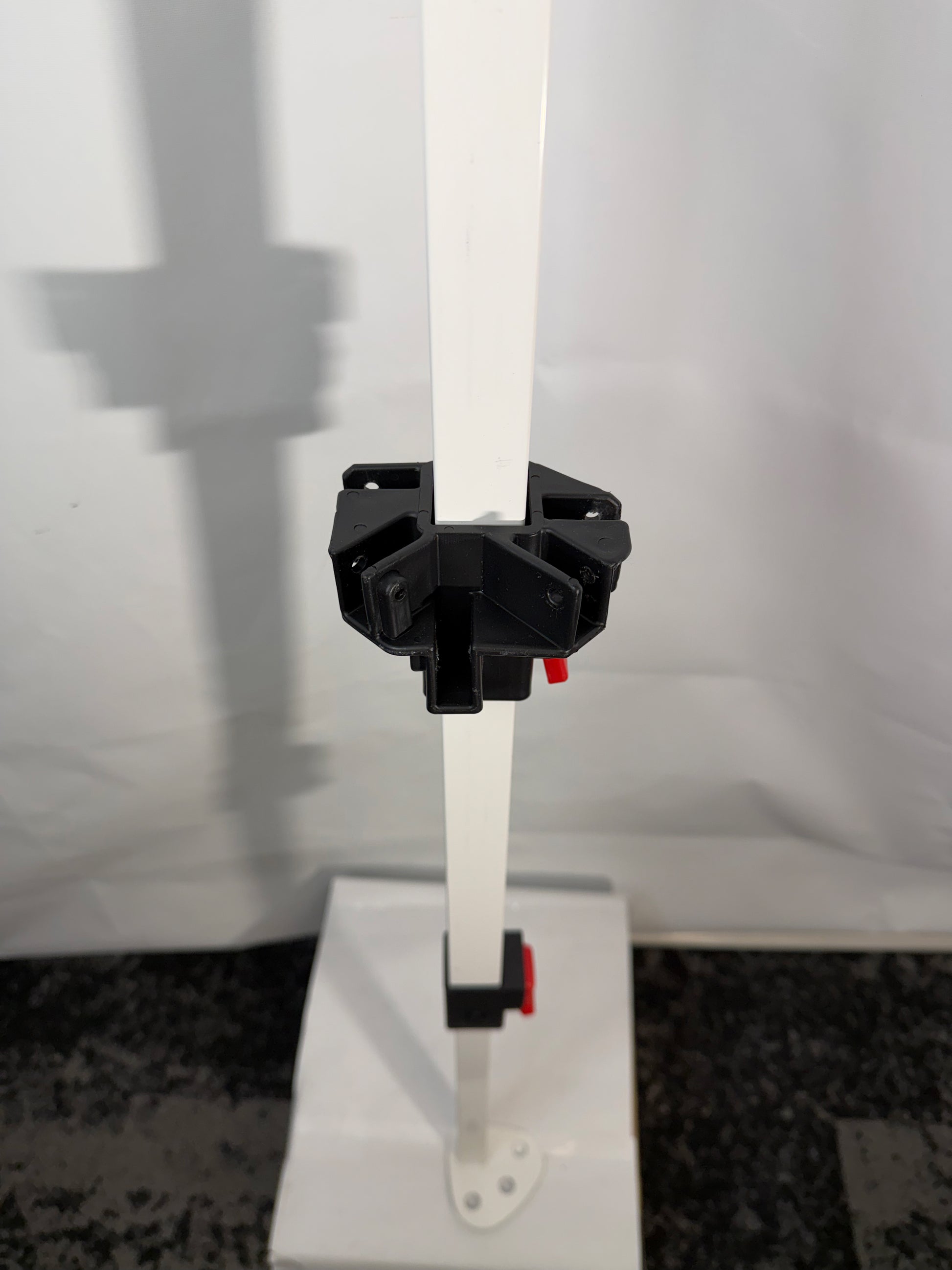 Front view of a white COBIZI canopy center replacement leg showing the 5-way slider, red push-button height adjustment, and metal foot plate.