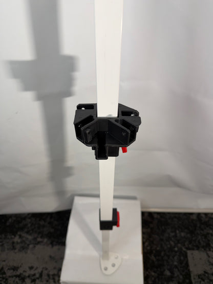Front view of a white COBIZI canopy center replacement leg showing the 5-way slider, red push-button height adjustment, and metal foot plate.