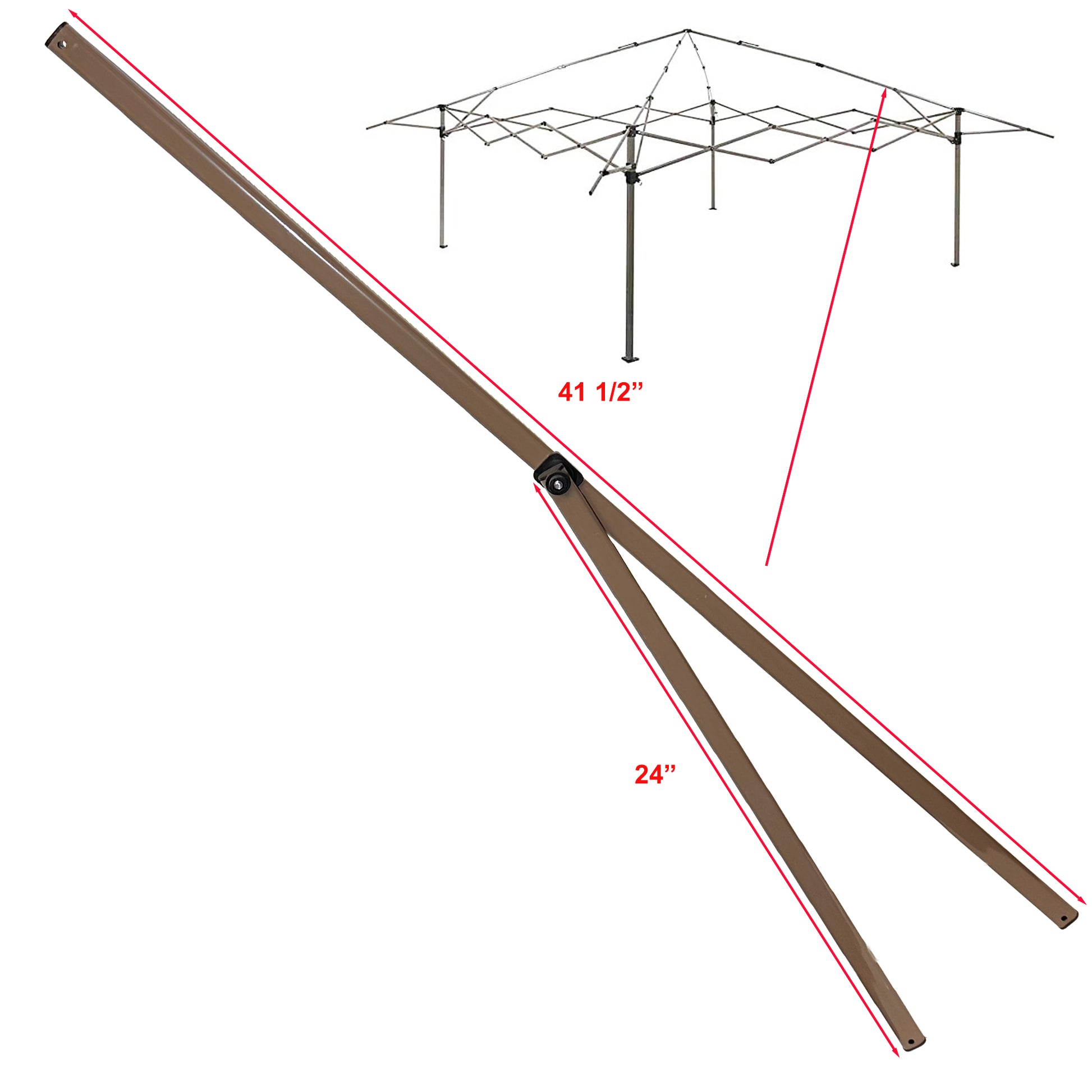 Lower truss bar for 13×13 pop-up canopy frame, near-leg side position, showing installation location and dimensions (41.5 in and 24 in), brown metal truss bar with arrow indicating placement.