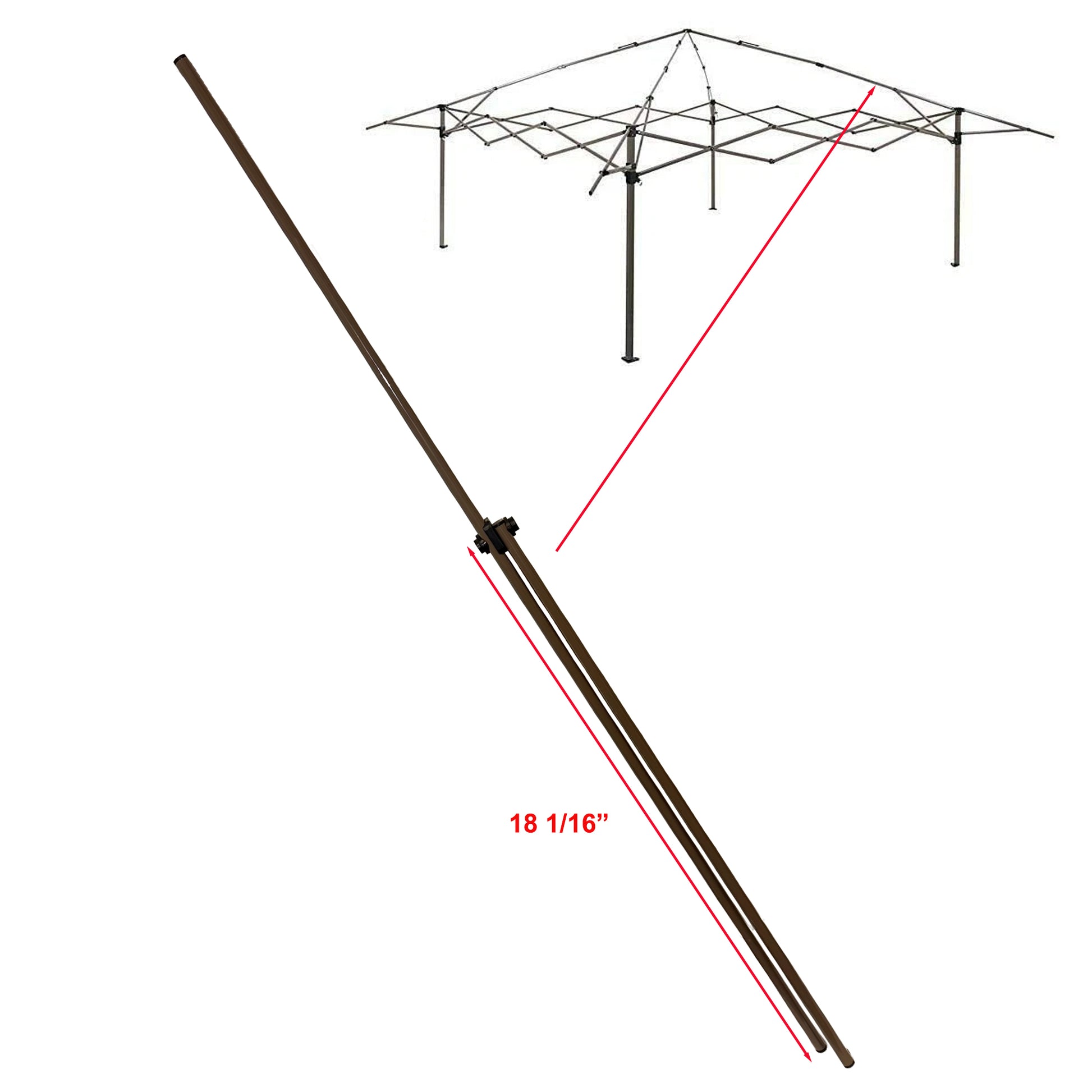 Lower truss bar for 13×13 pop-up canopy frame, showing exact lower side position near the leg, with arrow indicating installation location and close-up of the metal truss bar on a white background.