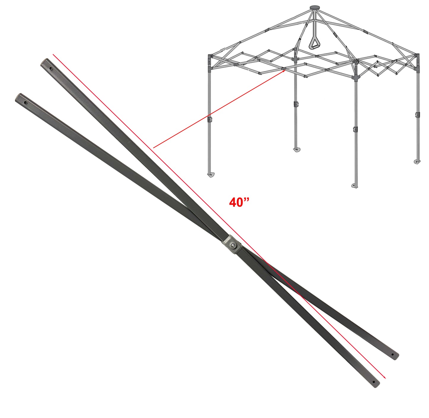 Replacement middle truss bar for CORE 10x10 center push canopy showing 40 inch length and center position diagram on white background