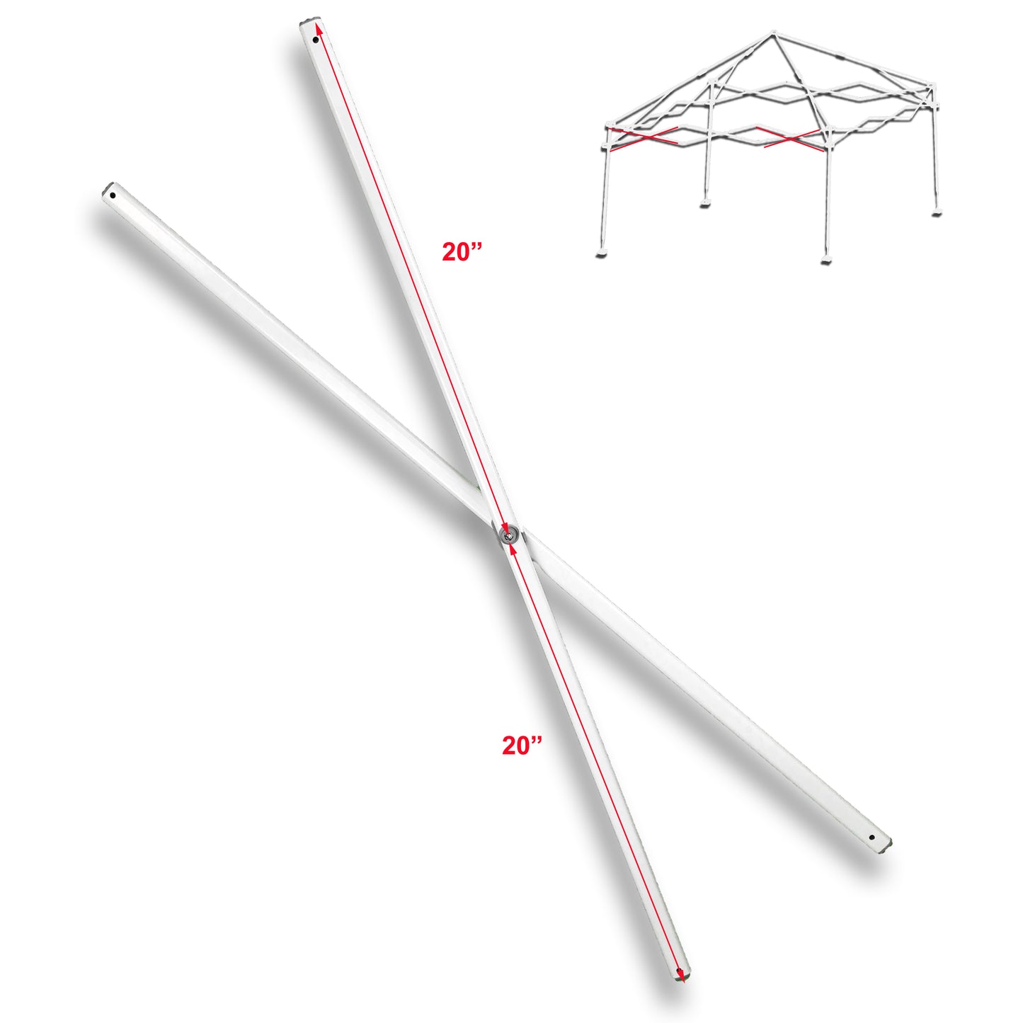 This photo showcases the E-Z UP Envoy 10' X 10' Instant Canopy Gazebo Side TRUSS Bar Replacement Parts. Additionally, it's highlighted that the distance from the edge to the center on both sides is consistent, measuring 20 inches on each side. In the background, there is a frame, marked in red, indicating the precise location of these spare parts within the canopy structure.