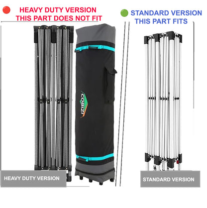 Comparison of COBIZI 10x20 Heavy Duty and Standard canopy frames showing this replacement canopy top fits the Standard version only and does not fit the Heavy Duty version.