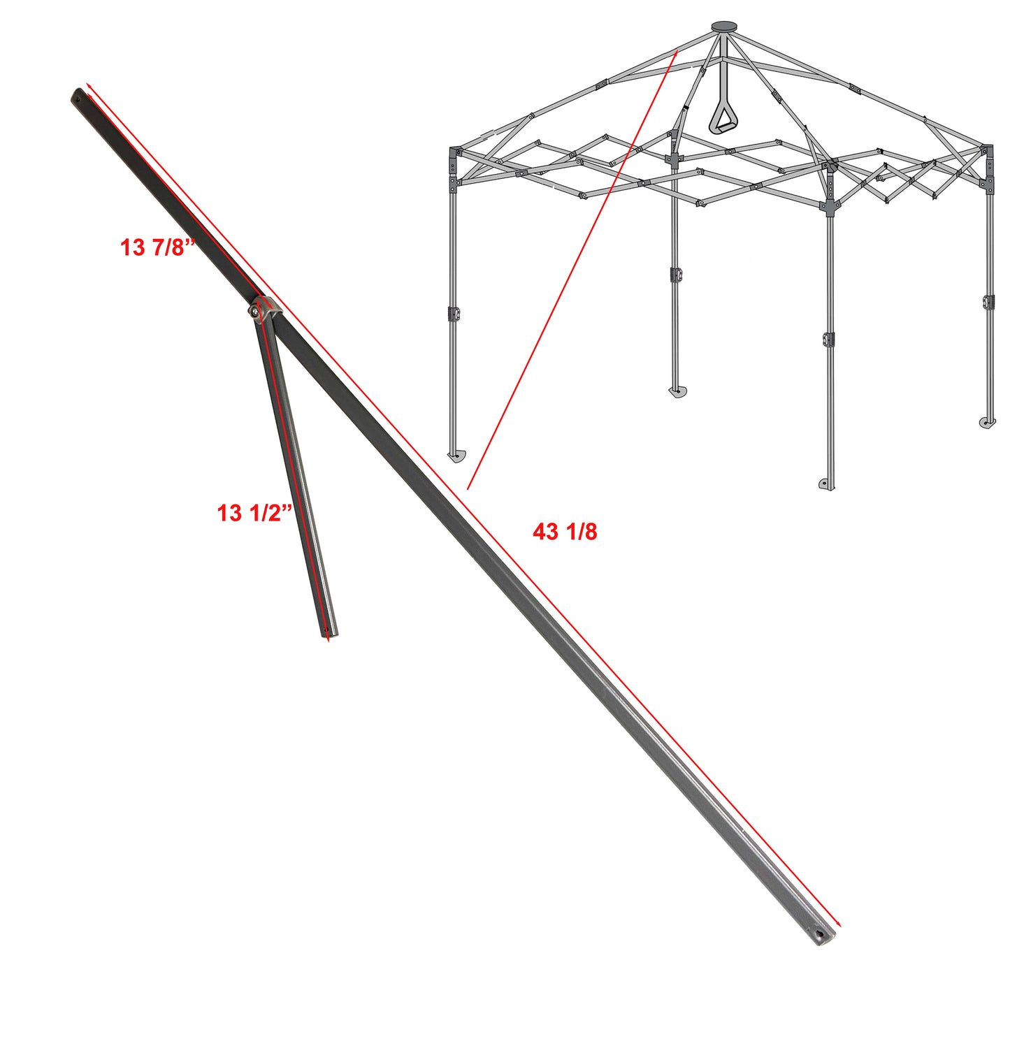 CORE 10x10 center push canopy upper truss bar with labeled measurements and peak position diagram