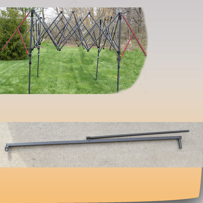 Installed awning arm extension on Quik Shade Summit SX170 10×10 straight leg canopy frame, dark gray metal support