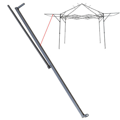 Awning arm extension installed on Quik Shade Summit SX170 10×10 canopy frame, dark gray metal support