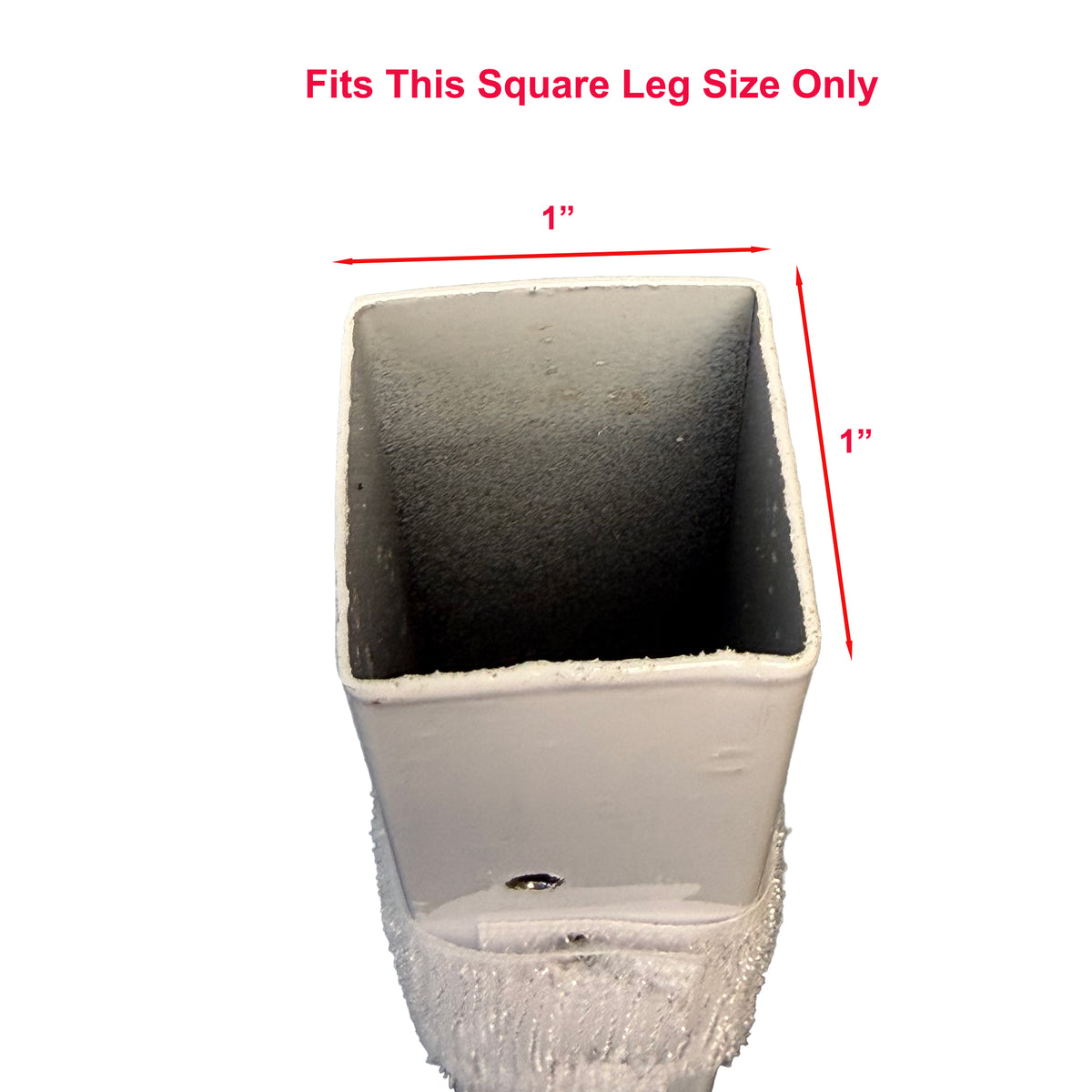 A square metal pipe fitting or sleeve shown from above on a white background, with red dimension lines and text reading 'Fits This Square Leg Size Only' and '1"' labels indicating the leg size.