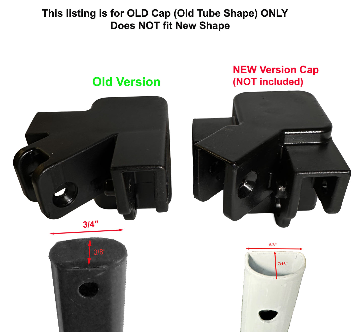 Old and new upper leg cap comparison for Ozark Trail straight leg canopy with internal truss channel measurement