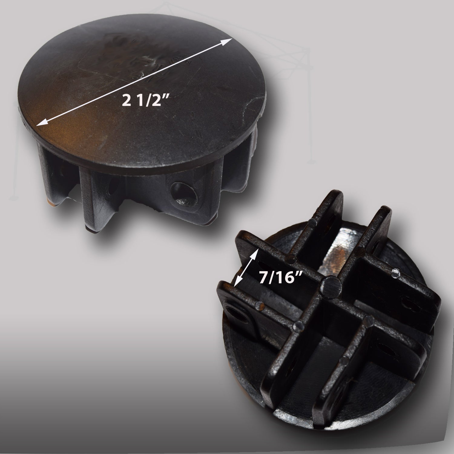 In this photo, you can see black HUB Connector Replacement Parts designed for the E-Z UP 10" x 10" Straight Leg Canopy. These replacement components are crucial for the assembly and stability of your canopy, guaranteeing a dependable and secure shelter during various outdoor events.