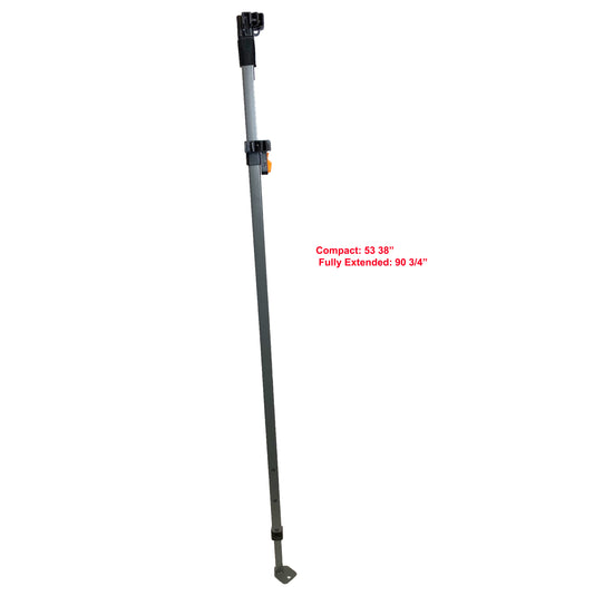 Adjustable gray telescoping leg for Ozark Trail 12 x 12 Canopy, measuring 53 3/8 inches when compact and 90 3/4 inches when fully extended.