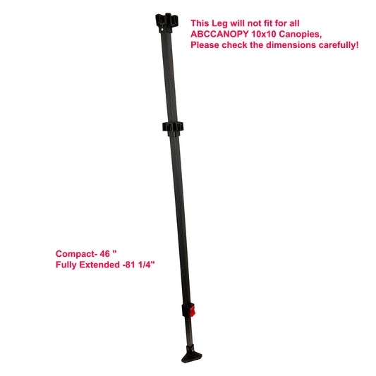 Dark gray adjustable replacement leg for ABCCANOPY 10x10 One Button Sun Shelter canopy, shown with dimensions on white background