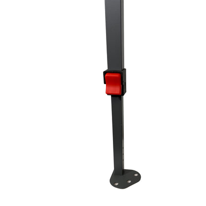 Adjustable canopy leg section with height adjustment holes and securing strap on white background