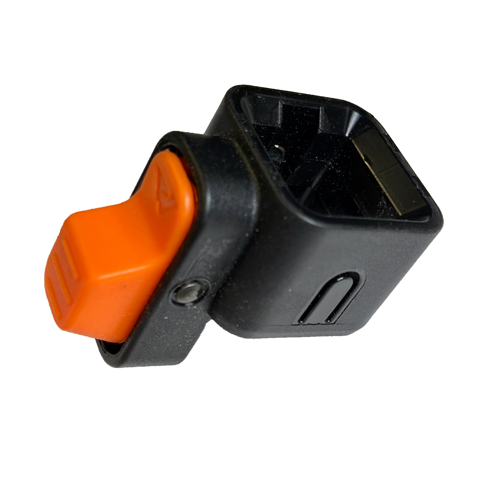 Angled view of a black leg lower slider with an orange release button, part of an Ozark Trail canopy's leg adjustment mechanism.