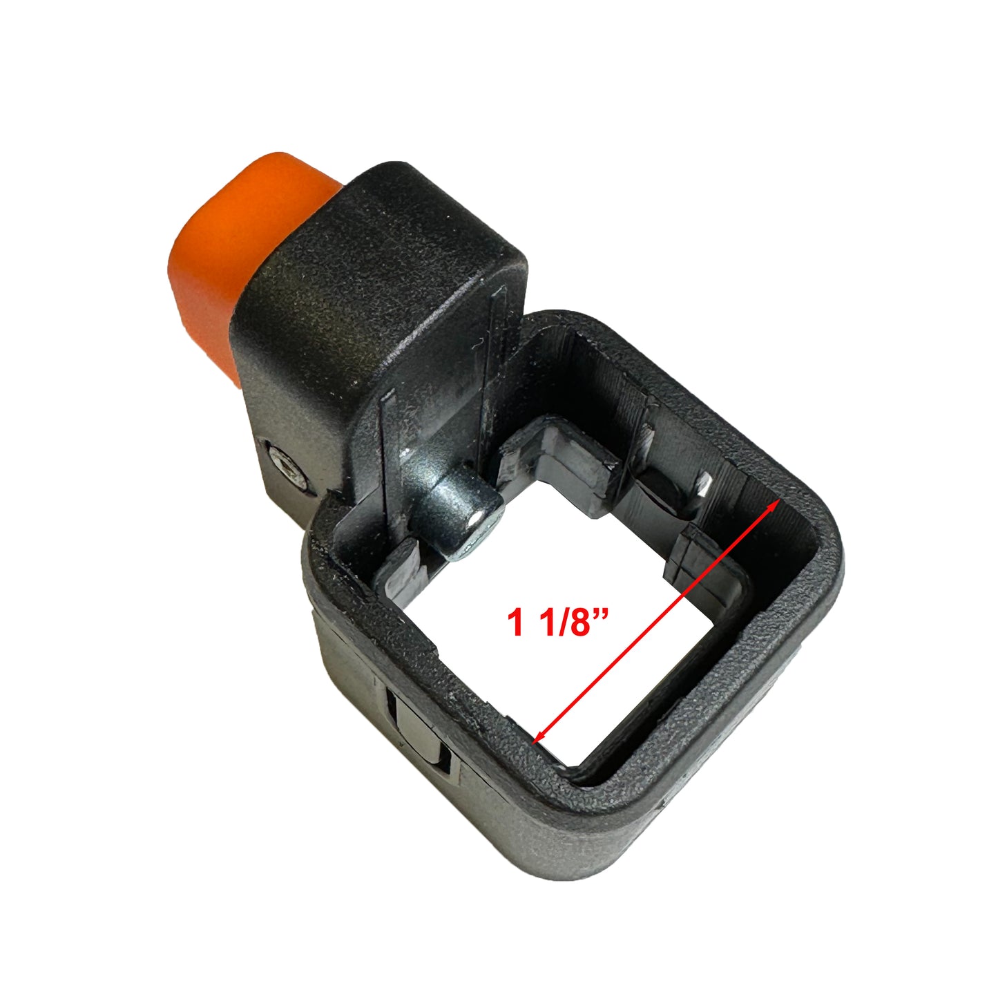 "Top-down view of a black leg lower slider with an orange release button for an Ozark Trail canopy, with the interior width dimension marked as 1 1/8 inches."