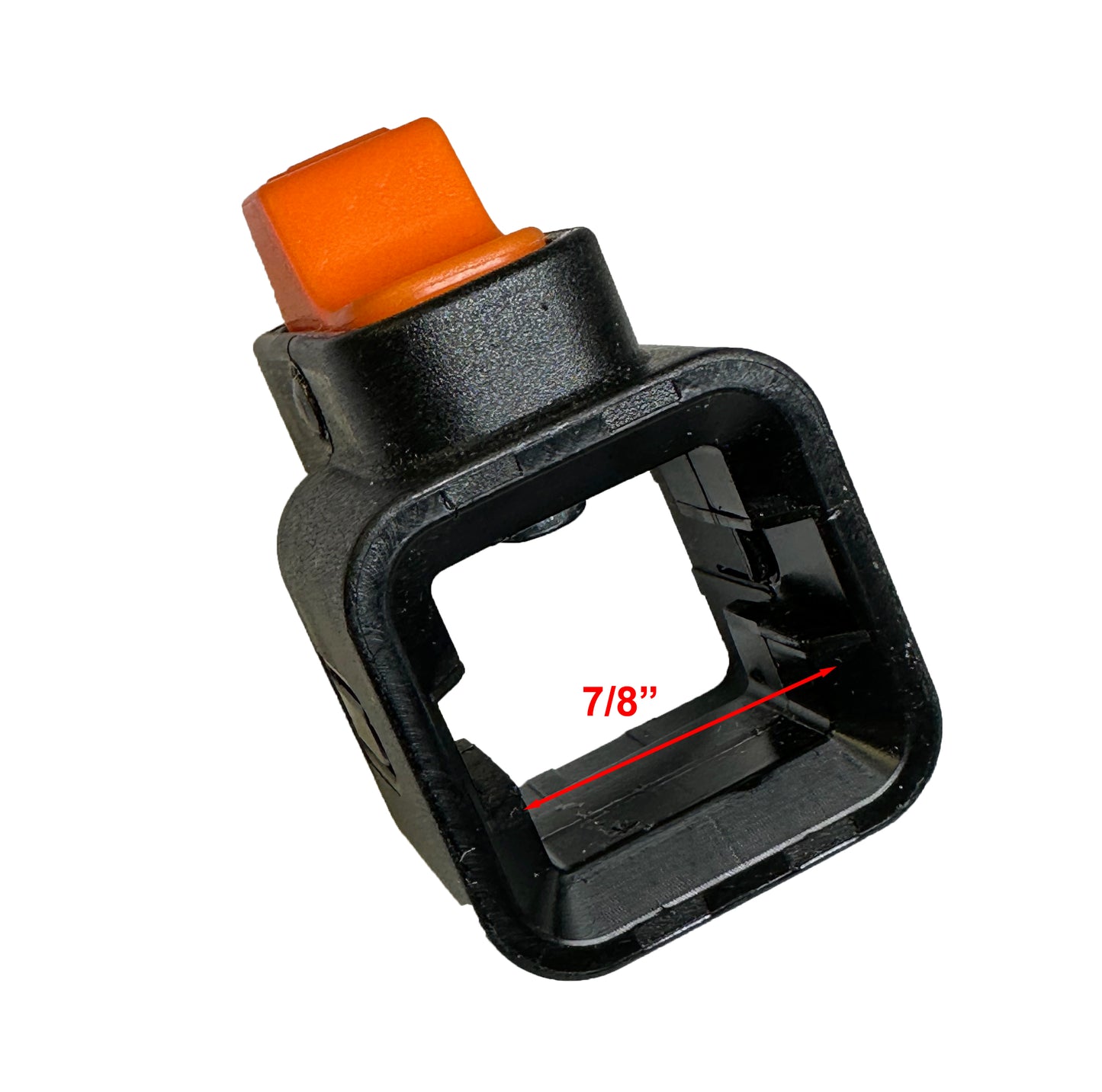 Top-down view of a black leg lower slider with an orange release button for an Ozark Trail canopy, with the interior height dimension marked as 7/8 inch.