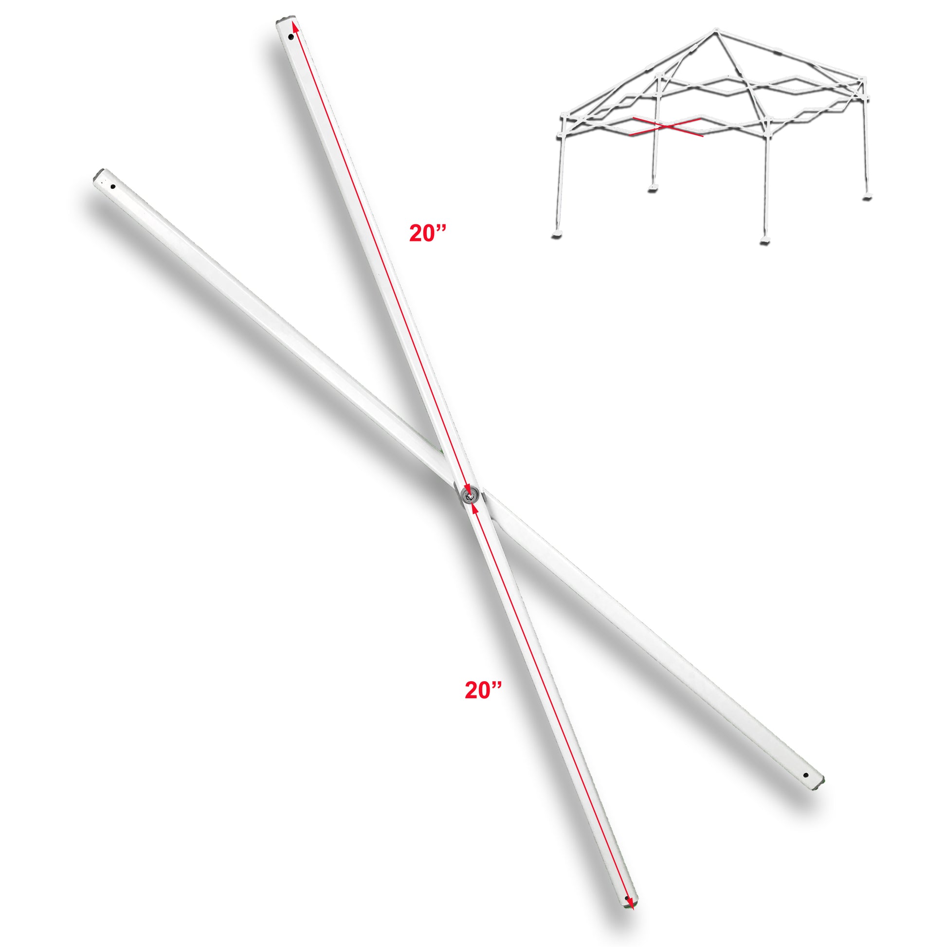 This photo showcases the E-Z UP Envoy 10' X 10' Instant Canopy Gazebo Middle TRUSS Bar Replacement Part. Additionally, it is highlighted that the distance from the edge to the center on both sides is uniform, measuring 20 inches on each side. In the background, a frame is visible, indicating in red where this spare part is positioned within the canopy structure. This truss bar replacement is vital for maintaining the canopy's stability and ensuring a symmetrical and secure setup for your outdoor shelter.