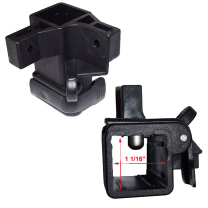 Black plastic mounting bracket shown from two angles on a white background, with red dimension arrows and text indicating a 1 1/16" width measurement.