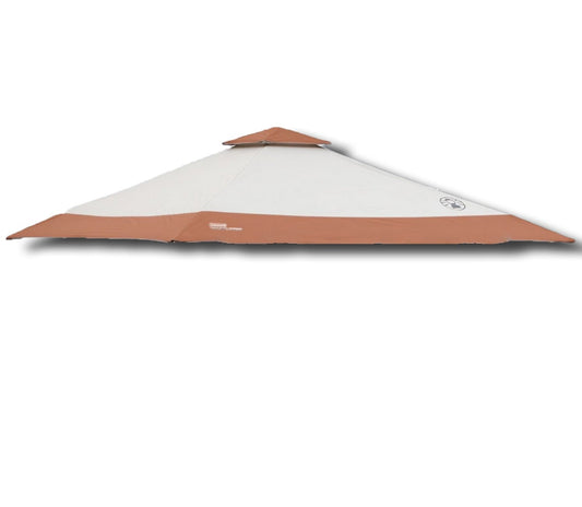A light tan Coleman 13x13 replacement canopy top with a brown accent strip and peaked brown roof vent.