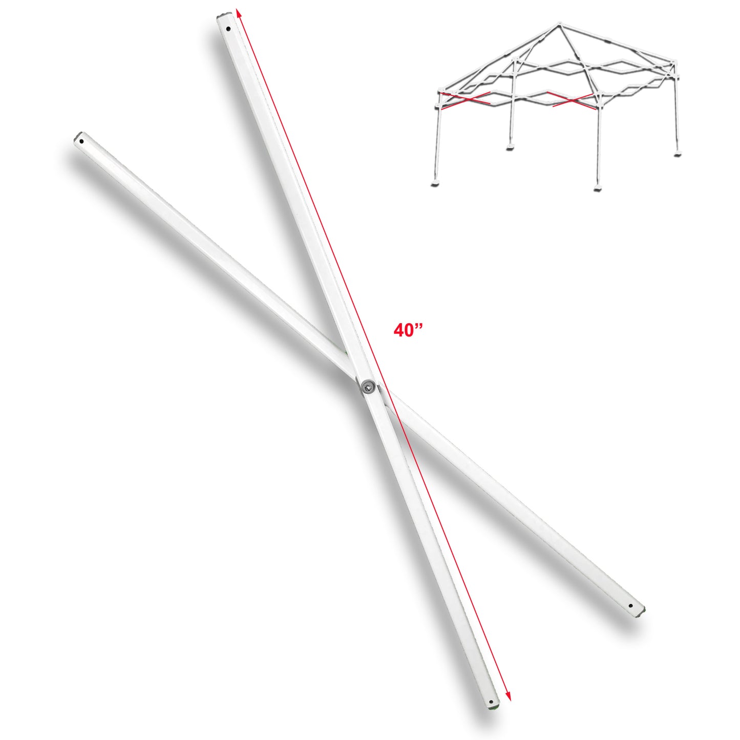 This photo depicts a set of two white cross bars, which are E-Z UP Envoy 10' X 10' Instant Canopy Gazebo Side TRUSS Bar Replacement Parts. The dimensions, as indicated in the photo, measure 40 inches in length. Furthermore, it's highlighted that the distance from the edge to the center on both sides is consistent, measuring 20 inches on each side. In the background, a frame is visible, marked in red to indicate where these spare parts are located within the canopy structure.