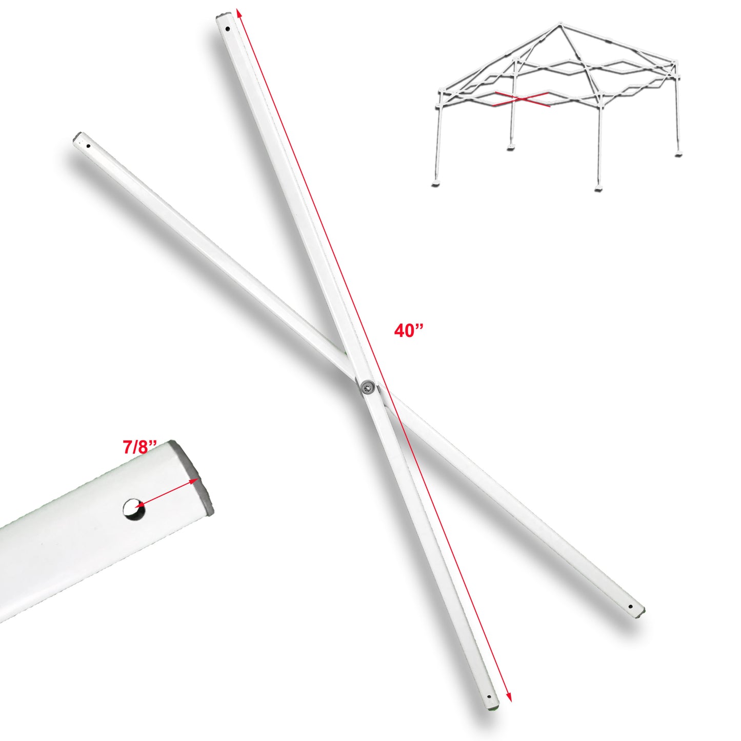 This photo features the E-Z UP Envoy 10' X 10' Instant Canopy Gazebo Middle TRUSS Bar Replacement Part, with the dimensions conveniently displayed in the image, measuring 40 inches in length. This replacement truss bar is an essential component for maintaining the structural integrity and stability of your canopy. It plays a critical role in ensuring that your canopy remains secure and functional during outdoor events and gatherings.