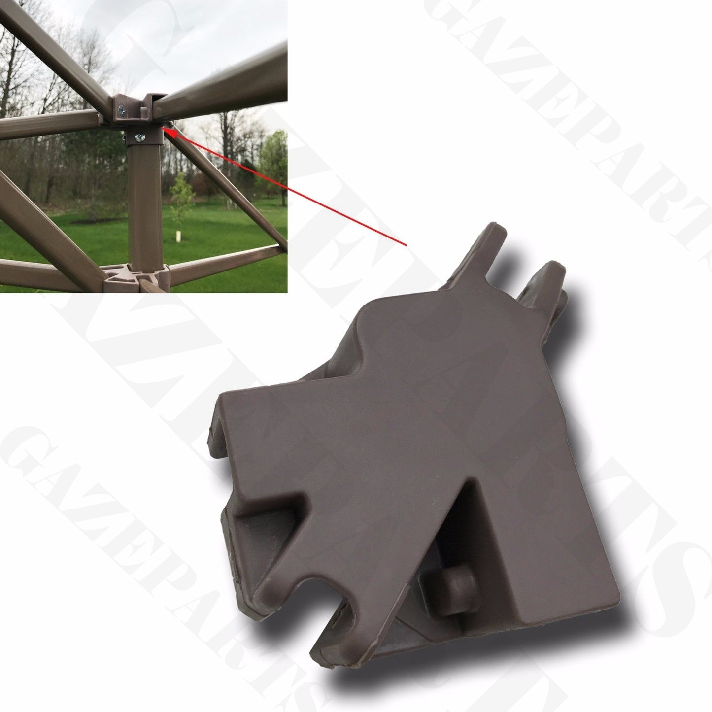 This photo features the Ozark Trail and Chapter 13 x 13 Pagoda Canopy Gazebo Leg Bracket CAP Connector Replacement Part. This connector is an essential component that helps maintain the structural integrity and stability of your gazebo canopy. It plays a crucial role in ensuring a secure and dependable shelter for various outdoor events and gatherings.