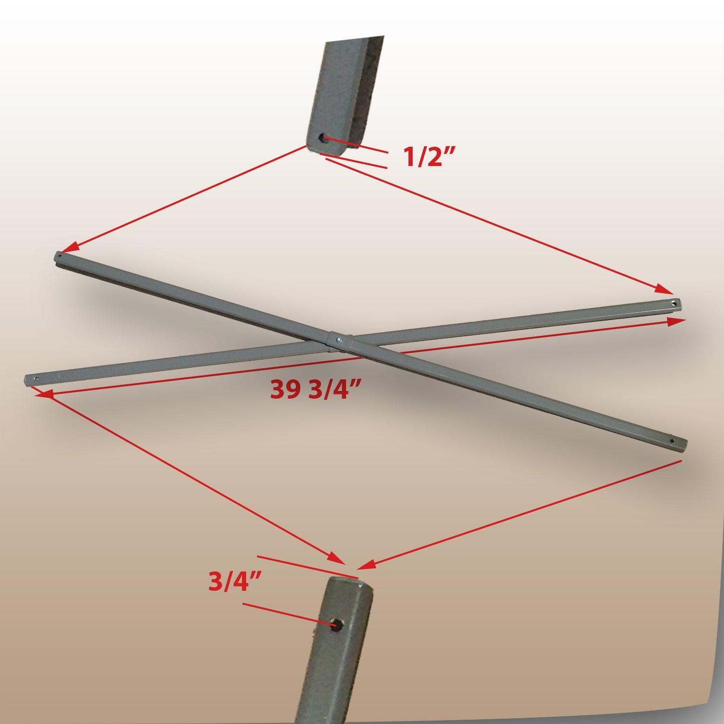 This photo showcases a pair of gray canopy replacement parts, specifically two cross bars, each measuring 39 3/4 inches in length, 3/4 inch in width, and 3/8 inches in thickness.