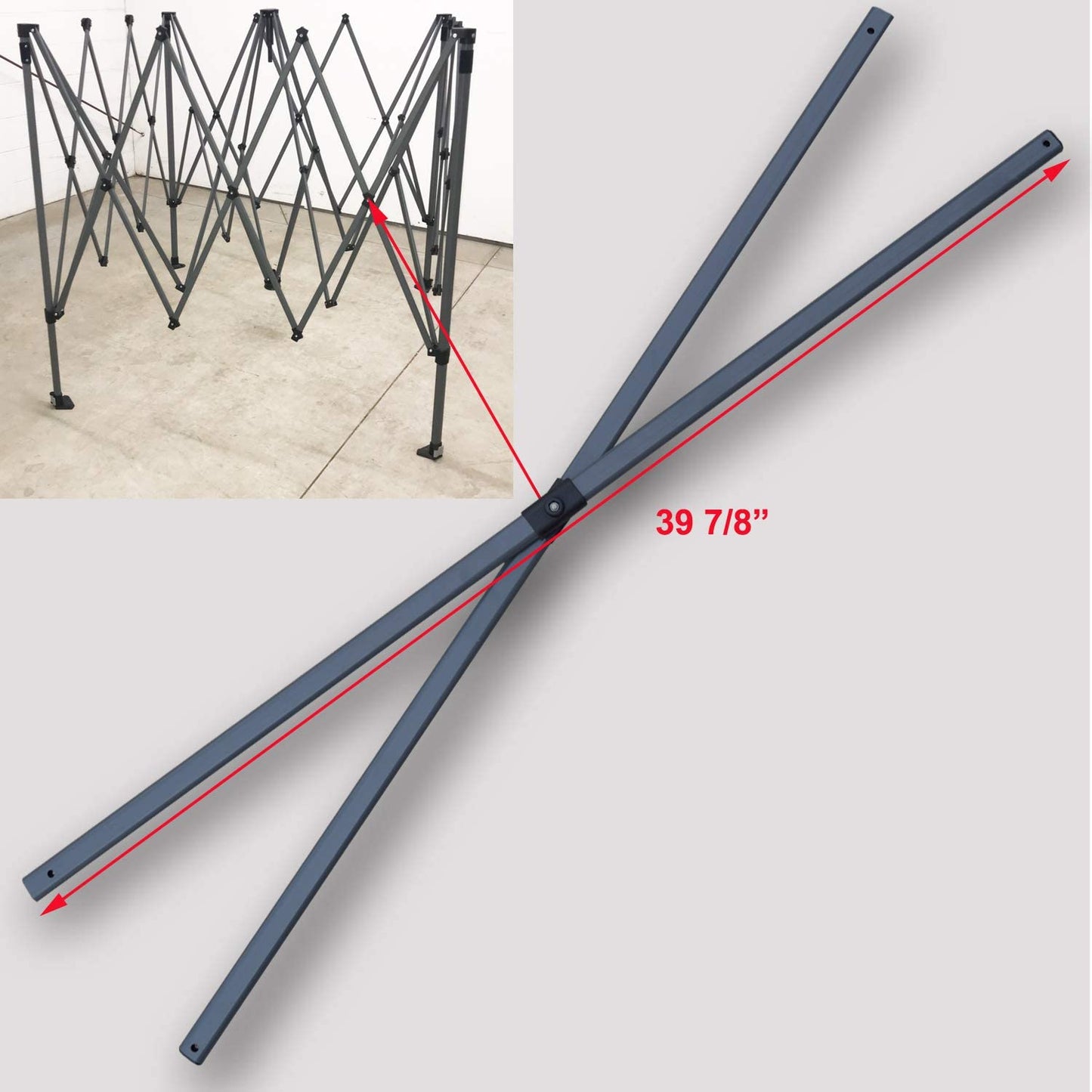 The image shows a scissor-style expandable metal barrier in a fully extended position, likely for crowd control or to block off restricted areas. On the right, there's a close-up of one of the scissor arms, detailed with a red line to indicate the measurement, which is marked as 39 7/8 inches, suggesting the length of the arm from pivot to end.