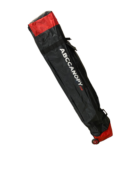 Black and red roller bag for a pop-up canopy tent, measuring 67 inches in length, 10 inches in width, and 10.5 inches in height. The bag features large white lettering on a black background that reads 'ABCCANOPY.
