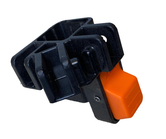 Orange and black leg slider mechanism for adjusting the height of an Ozark Trail canopy leg