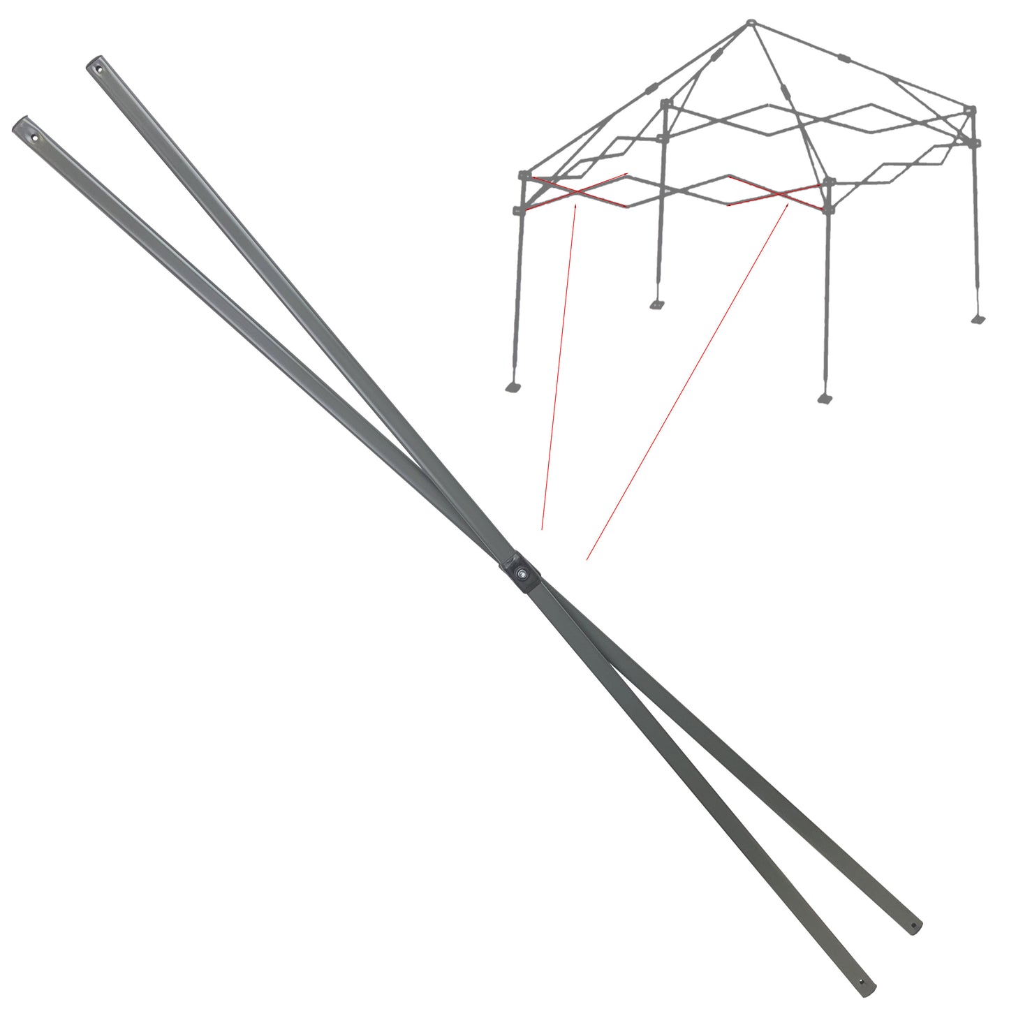 This image depicts a side truss bar, which is a component of an Ozark Trail 12' x 12' canopy frame. The truss bar appears to be a collapsible rod with two extendable parts, each ending with a hole probably for securing or joining with other parts. In the background, faded and out of focus, is the canopy structure this truss bar is a part of, with red lines indicating the position where this bar would fit within the frame. 
