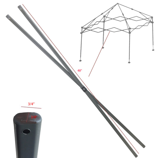 Middle truss bar for Ozark Trail 12' x 12' Canopy with a length of 48 inches and hole diameters marked at 3/4" and 3/8", displayed diagonally across the image, with a schematic diagram of the canopy frame in the background for context.